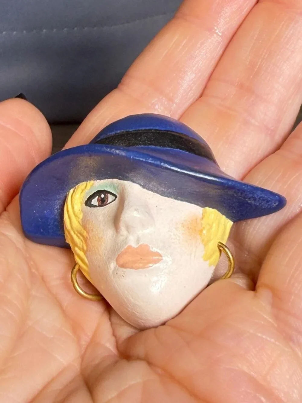 Vintage Handmade Lady Face Brooch Blue Hat Painted Art Brooch